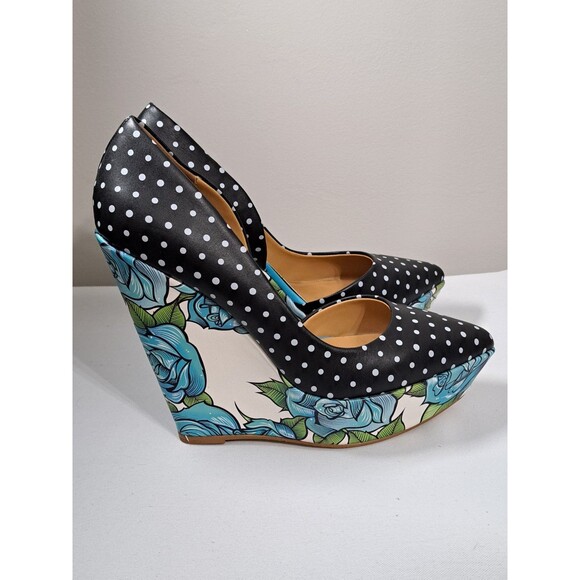 Taylor Says Bonafide Polka Dot Platform Wedges Blue Roses 5.5" Heels Size 8.5 M - Picture 1 of 7